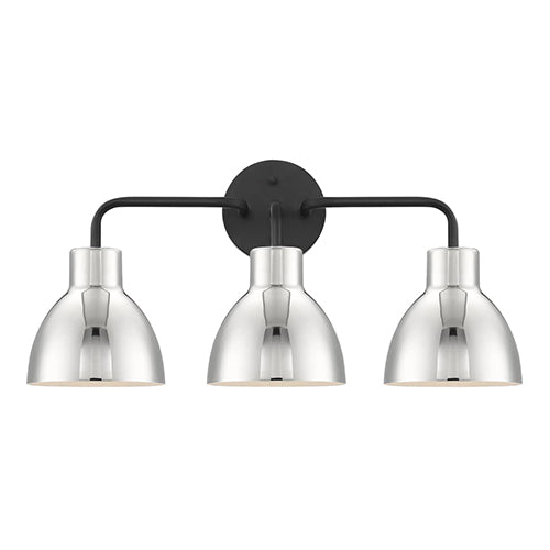 Satco 60-6773, Sloan, 3 Light, Vanity Light Fixture, 100W, 120V, Medium Base, Polished Nickel Shade, Matte Black Finish