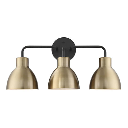 Satco 60-6793, Sloan, 3 Light, Vanity Light Fixture, 100W, 120V, Medium Base, Matte Black and Burnished Brass Finish
