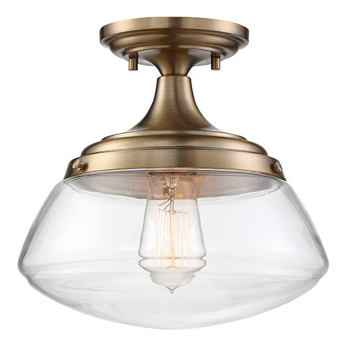 Satco 60-6797, Kew, 1 Light, Semi-Flush Lighting Fixture, 60W, 120V, Medium Base, Clear Glass, Burnished Brass Finish