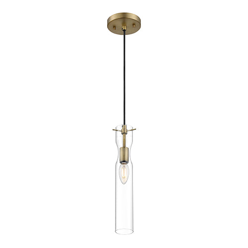 Satco 60-6856, Spyglass, 1 Light, Mini Pendant Lighting Fixture, 60W, 120V, Candelabra Base, Clear Glass, Vintage Brass Finish
