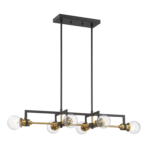 Satco 60-6977, Intention, 6 Light, Island Pendant Lighting Fixture, 60W, 120V, Medium Base, Warm Brass and Black Finish