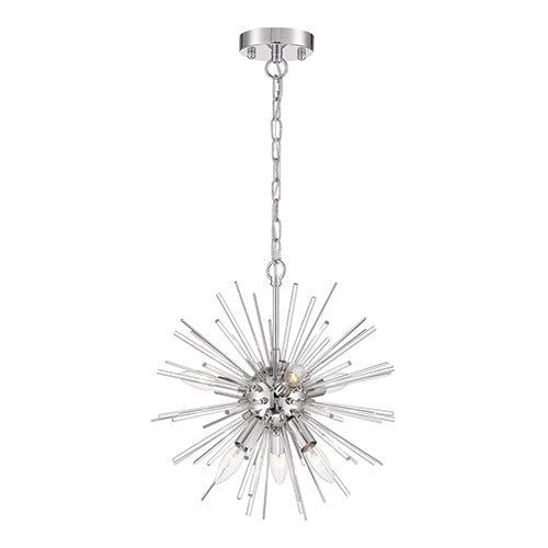 Satco 60-6991, Cirrus, 6 Light, Chandelier Lighting Fixture, 60W, 120V, Candelabra Base, Glass Rods, Polished Nickel Finish