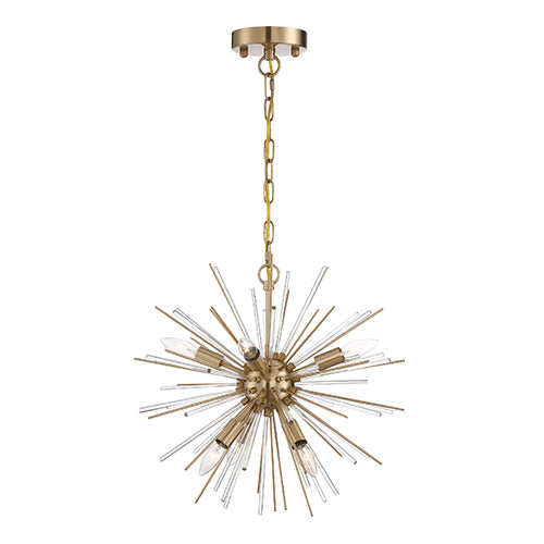Satco 60-6992, Cirrus, 6 Light, Chandelier Lighting Fixture, 60W, 120V, Candelabra Base, Glass Rods, Vintage Brass Finish