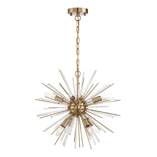 Satco 60-6994, Cirrus, 8 Light, Chandelier Lighting Fixture, 60W, 120V, Candelabra Base, Glass Rods, Vintage Brass Finish