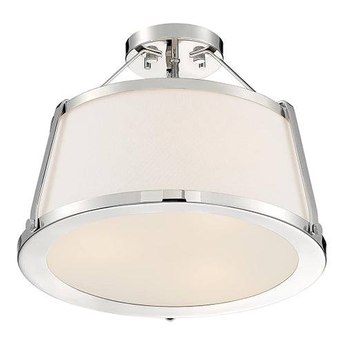 Satco 60-6996, Cutty, 3 Light, Semi-Flush Lighting Fixture, 60W, 120V, Medium Base, White Fabric Shade, Polished Nickel Finish