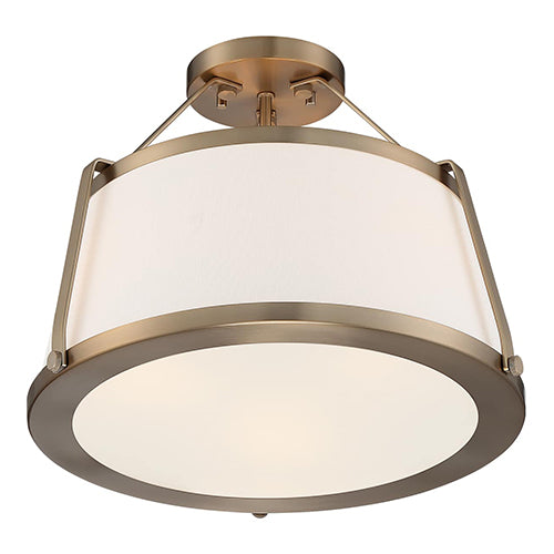 Satco 60-6997, Cutty, 3 Light, Semi-Flush Lighting Fixture, 60W, 120V, Medium Base, White Fabric Shade, Burnished Brass Finish
