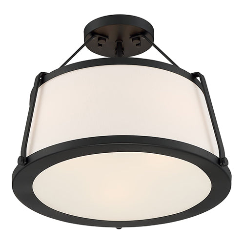 Satco 60-6998, Cutty, 3 Light, Semi-Flush Lighting Fixture, 60W, 120V, Medium Base, White Fabric Shade, Matte Black Finish