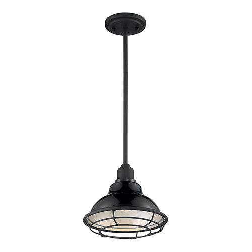 Satco 60-7003, Newbridge, 1 Light, Small Pendant Fixture, 60W, 120V, Medium Base, Silver and Textured Black Accents, Gloss Black Finish