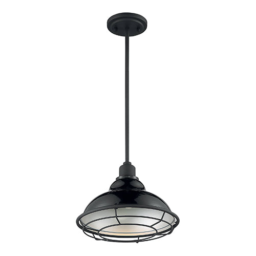 Satco 60-7004, Newbridge, 1 Light, Large Pendant Fixture, 60W, 120V, Medium Base, Silver and Textured Black Accents, Gloss Black Finish
