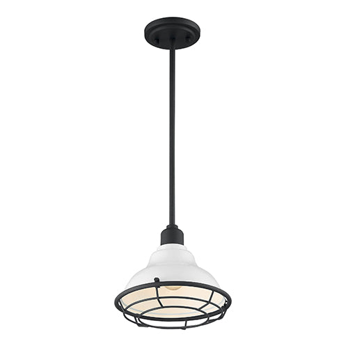 Satco 60-7023, Newbridge, 1 Light, Small Pendant Fixture, 60W, 120V, Medium Base, Textured Black Accents, Gloss White Finish