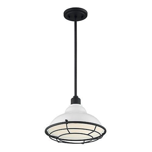 Satco 60-7024, Newbridge, 1 Light, Large Pendant Fixture, 60W, 120V, Medium Base, Textured Black Accents, Gloss White Finish