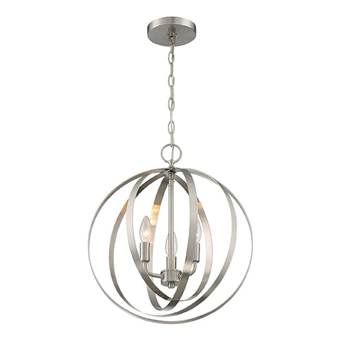 Satco 60-7047, Pendleton, 3 Light, Pendant Fixture, 60W, 120V, Candelabra Base, Brushed Nickel Finish
