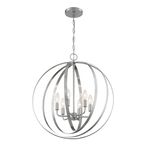 Satco 60-7048, Pendleton, 6 Light, Pendant Fixture, 60W, 120V, Candelabra Base, Brushed Nickel Finish