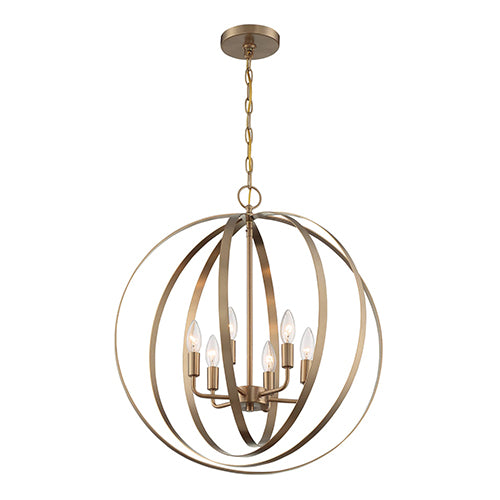 Satco 60-7058, Pendleton, 6 Light, Pendant Fixture, 60W, 120V, Candelabra Base, Burnished Brass Finish