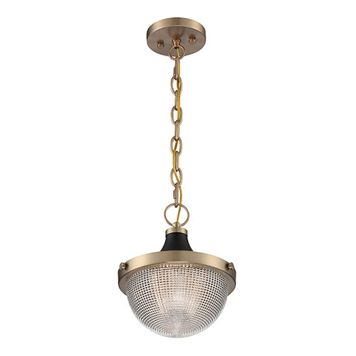 Satco 60-7059, Faro, 1 Light, Small Pendant Fixture, 60W, 120V, Medium Base, Black Accents, Clear Prismatic Glass, Burnished Brass Finish