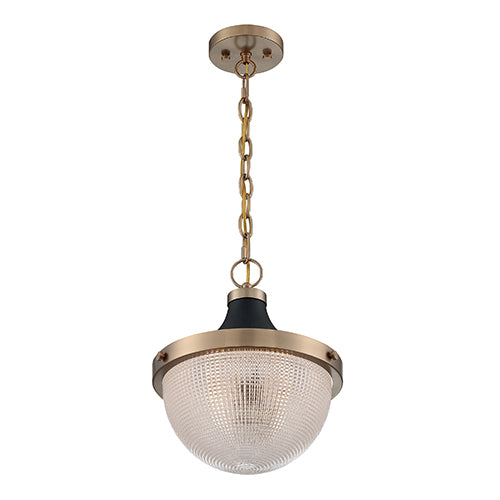 Satco 60-7060, Faro, 1 Light, Large Pendant Fixture, 100W, 120V, Medium Base, Black Accents, Clear Prismatic Glass, Burnished Brass Finish