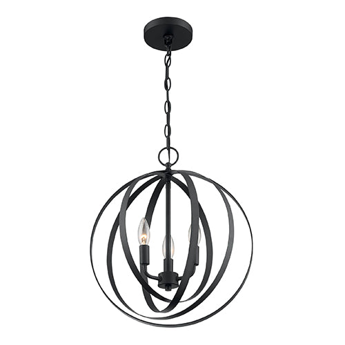 Satco 60-7067, Pendleton, 3 Light, Pendant Fixture, 60W, 120V, Candelabra Base, Matte Black Finish
