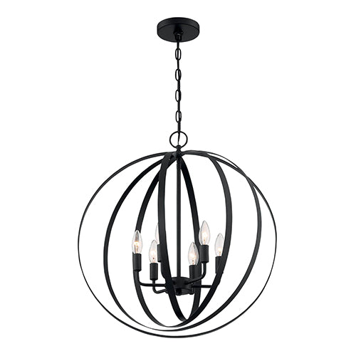 Satco 60-7068, Pendleton, 6 Light, Pendant Fixture, 60W, 120V, Candelabra Base, Matte Black Finish