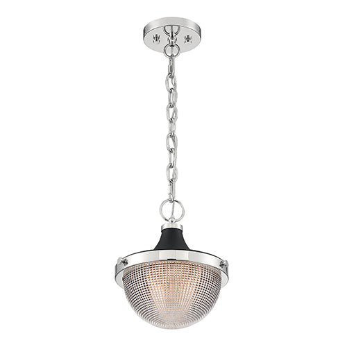 Satco 60-7069, Faro, 1 Light, Small Pendant Fixture, 60W, 120V, Medium Base, Black Accents, Clear Prismatic Glass, Polished Nickel Finish