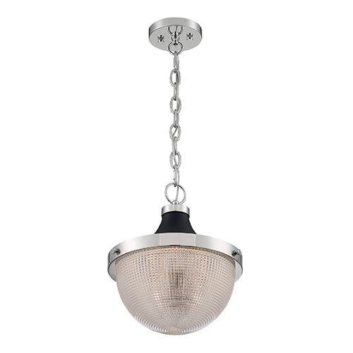 Satco 60-7070, Faro, 1 Light, Large Pendant Fixture, 100W, 120V, Medium Base, Black Accents, Clear Prismatic Glass, Polished Nickel Finish