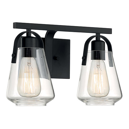 Satco 60-7102, Skybridge, 2 Light, Vanity Light Fixture, 60W, 120V, Medium Base, Clear Glass, Matte Black Finish