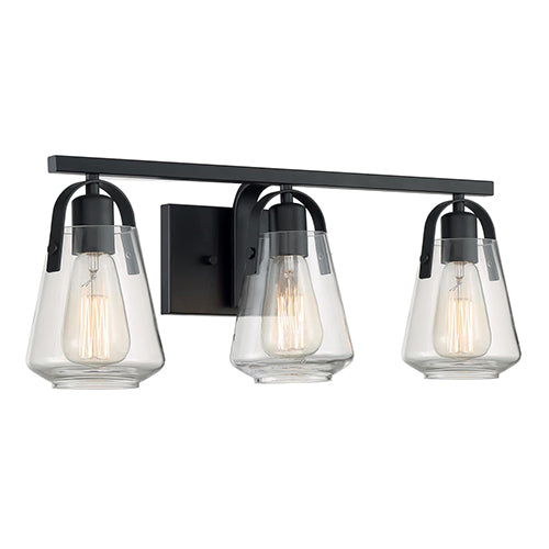 Satco 60-7103, Skybridge, 3 Light, Vanity Light Fixture, 60W, 120V, Medium Base, Clear Glass, Matte Black Finish