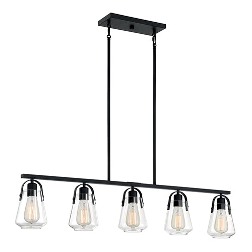 Satco 60-7104, Skybridge, 5 Light, Island Pendant Fixture, 60W, 120V, Medium Base, Clear Glass, Matte Black Finish