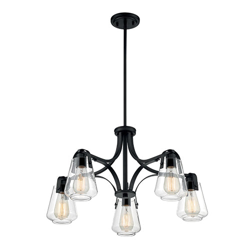Satco 60-7105, Skybridge, 5 Light, Chandelier Fixture, 60W, 120V, Medium Base, Clear Glass, Matte Black Finish
