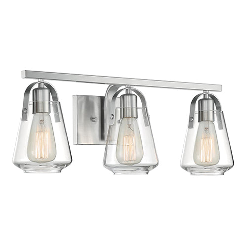 Satco 60-7113, Skybridge, 3 Light, Vanity Light Fixture, 60W, 120V, Medium Base, Clear Glass, Brushed Nickel Finish