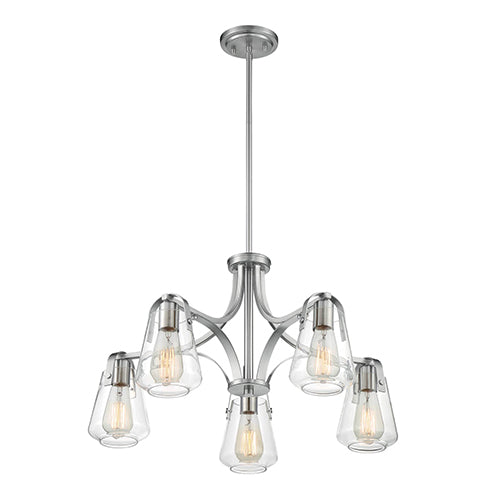 Satco 60-7115, Skybridge, 5 Light, Chandelier Fixture, 60W, 120V, Medium Base, Clear Glass, Brushed Nickel Finish