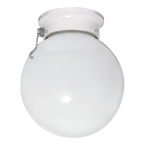 Satco 60-712, 1 Light, 6" Ball Ceiling Light Fixture, 60W, 120V, Medium Base, White Glass, Replaceable Light Source, White Finish