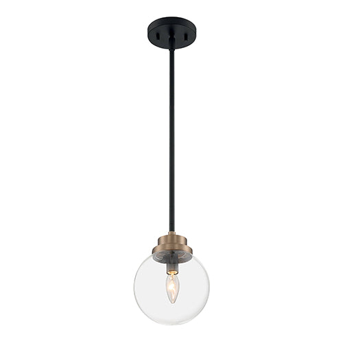 Satco 60-7121, Axis, 1 Light, Pendant Fixture, 60W, 120V, Candelabra Base, Brass Accents, Clear Glass, Matte Black Finish
