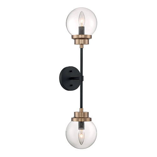 Satco 60-7122, Axis, 2 Light, Wall Sconce Fixture, 60W, 120V, Candelabra Base, Brass Accents, Clear Glass, Matte Black Finish