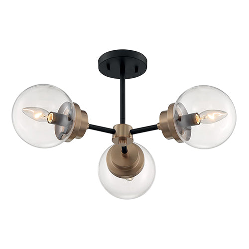 Satco 60-7123, Axis, 3 Light, Semi-Flush Fixture, 60W, 120V, Candelabra Base, Brass Accents, Clear Glass, Matte Black Finish