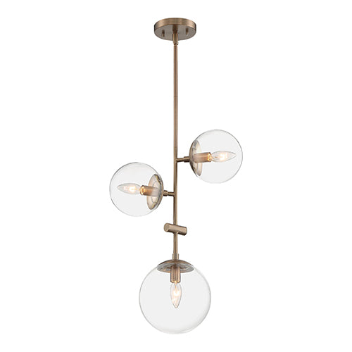 Satco 60-7124, Sky, 3 Light, Pendant Fixture, 60W, 120V, Candelabra Base, Clear Glass, Burnished Brass Finish