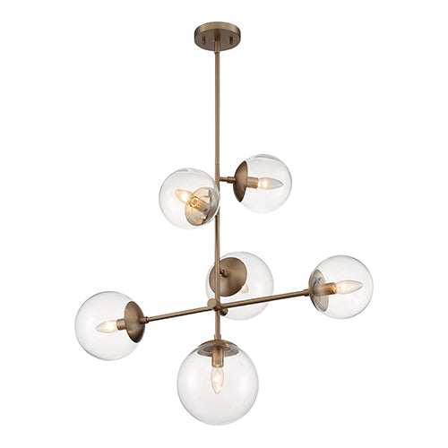 Satco 60-7125, Sky, 6 Light, Pendant Fixture, 60W, 120V, Candelabra Base, Clear Glass, Burnished Brass Finish