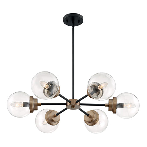 Satco 60-7126, Axis, 6 Light, Chandelier Fixture, 60W, 120V, Candelabra Base, Brass Accents, Clear Glass, Matte Black Finish