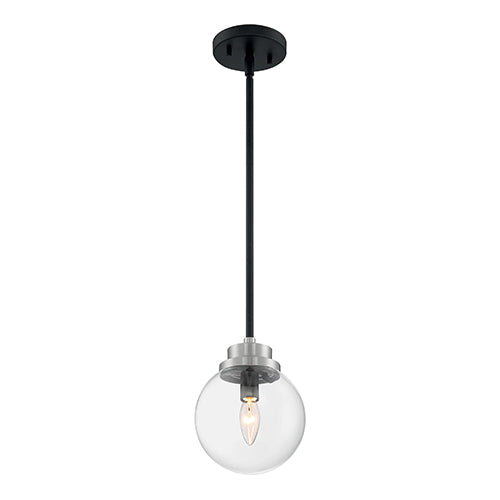 Satco 60-7131, Axis, 1 Light, Pendant Fixture, 60W, 120V, Candelabra Base, Brushed Nickel Accents, Clear Glass, Matte Black Finish