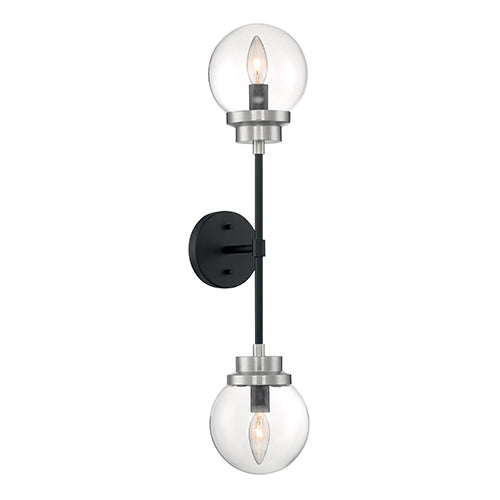 Satco 60-7132, Axis, 2 Light, Wall Sconce Fixture, 60W, 120V, Candelabra Base, Brushed Nickel Accents, Clear Glass, Matte Black Finish