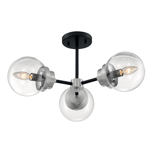 Satco 60-7133, Axis, 3 Light, Semi-Flush Fixture, 60W, 120V, Candelabra Base, Brushed Nickel Accents, Clear Glass, Matte Black Finish