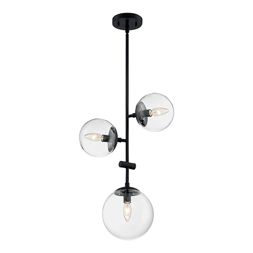 Satco 60-7134, Sky, 3 Light, Pendant Fixture, 60W, 120V, Candelabra Base, Clear Glass, Matte Black Finish