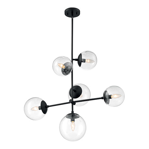 Satco 60-7135, Sky, 6 Light, Pendant Fixture, 60W, 120V, Candelabra Base, Clear Glass, Matte Black Finish