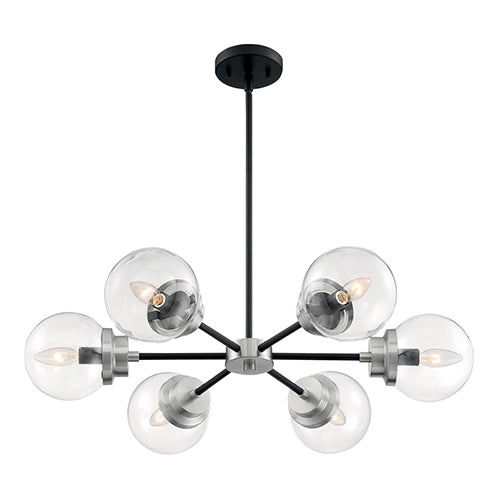 Satco 60-7136, Axis, 6 Light, Chandelier Fixture, 60W, 120V, Candelabra Base, Brushed Nickel Accents, Clear Glass, Matte Black Finish