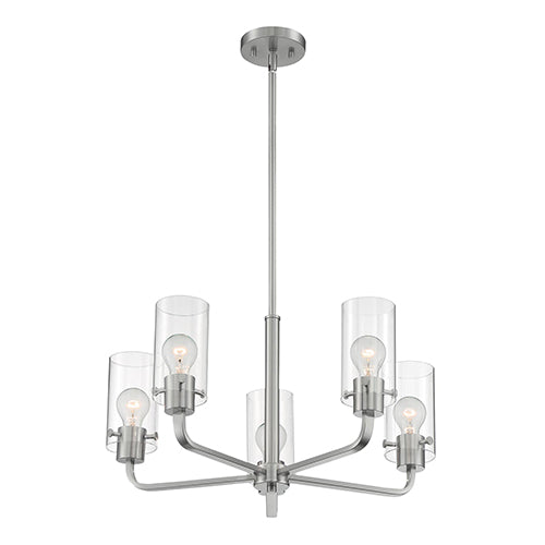Satco 60-7175, Sommerset, 5 Light, Chandelier Fixture, 60W, 120V, Medium Base, Clear Glass, Brushed Nickel Finish