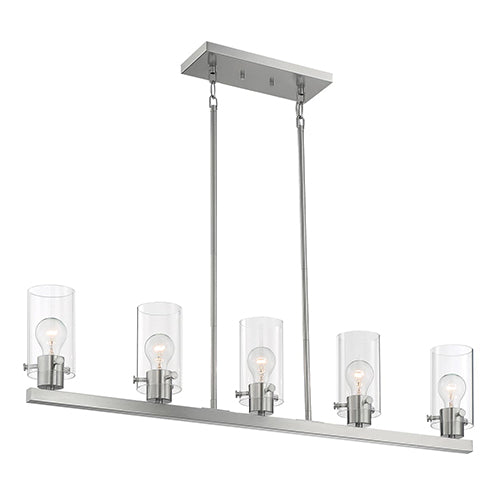 Satco 60-7176, Sommerset, 5 Light, Island Pendant Fixture, 60W, 120V, Medium Base, Clear Glass, Brushed Nickel Finish