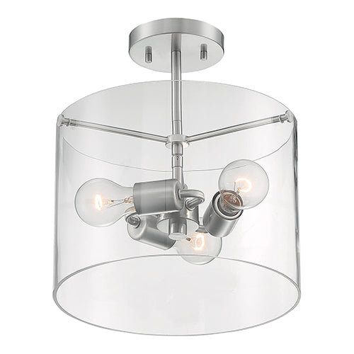 Satco 60-7178, Sommerset, 3 Light, Semi-Flush Mount Lighting Fixture, 60W, 120V, Medium Base, Clear Glass, Brushed Nickel Finish