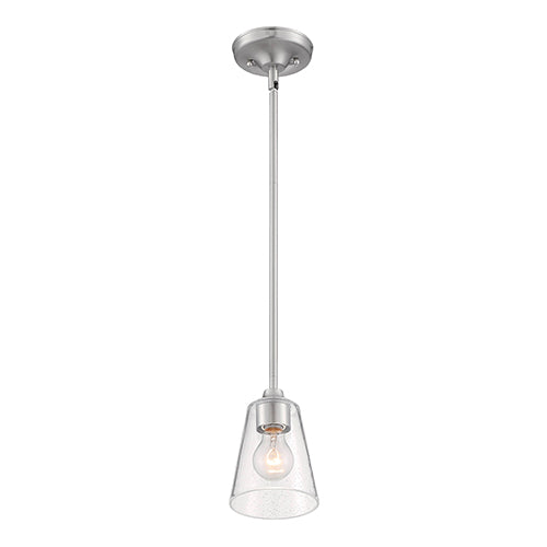 Satco 60-7180, Bransel, 1 Light, Mini Pendant Fixture, 60W, 120V, Medium Base, Clear Seeded Glass, Brushed Nickel Finish