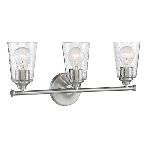 Satco 60-7183, Bransel, 3 Light, Vanity Light Fixture, 60W, 120V, Medium Base, Clear Seeded Glass, Brushed Nickel Finish
