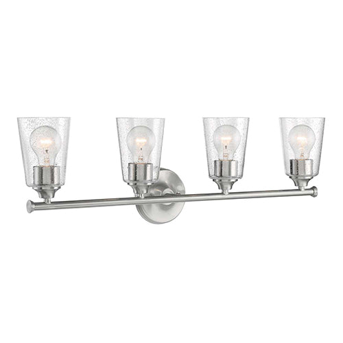 Satco 60-7184, Bransel, 4 Light, Vanity Light Fixture, 60W, 120V, Medium Base, Clear Seeded Glass, Brushed Nickel Finish