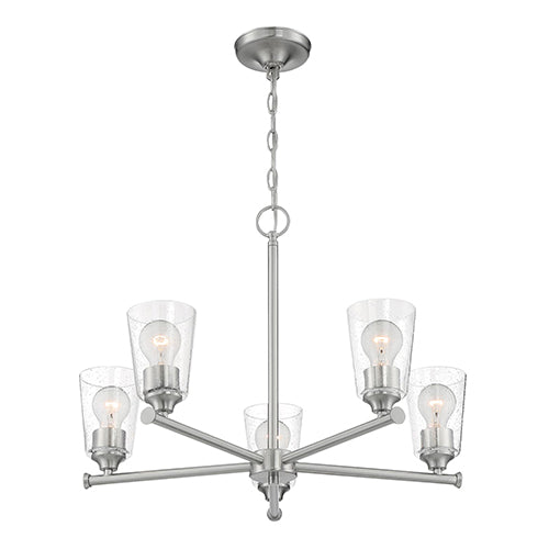 Satco 60-7185, Bransel, 5 Light, Chandelier Fixture, 60W, 120V, Medium Base, Clear Seeded Glass, Brushed Nickel Finish